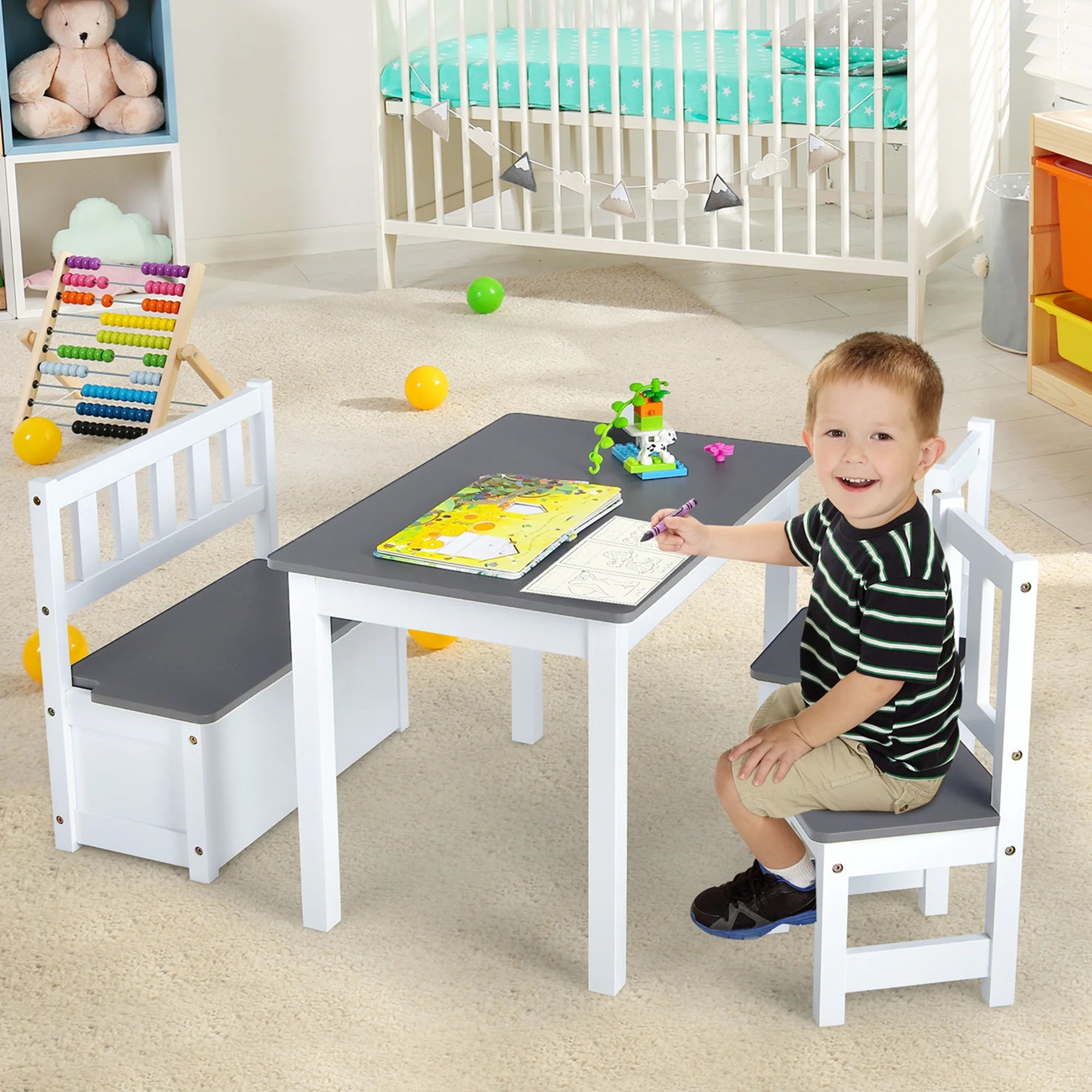 4 PCS Kids Wooden Activity Table & Chairs Set